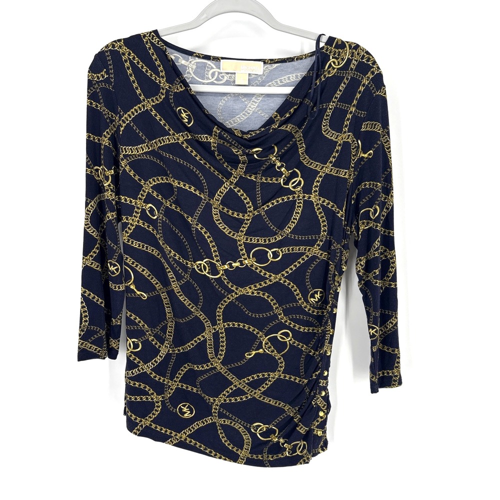 Michael Kors Equestrian Chain Print Top Large Stretch Tunic Ruched Gold Buttons